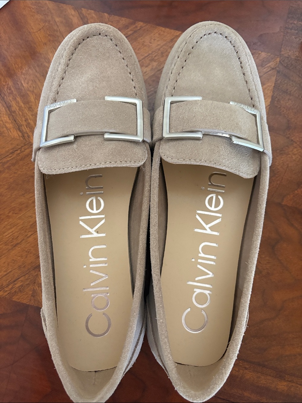 Calvin Klein Taupe Suede Loafers with Silver Buckle